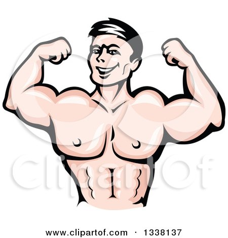Clipart of a Cartoon Strong White Male Bodybuilder Flexing His Muscles - Royalty Free Vector Illustration by Vector Tradition SM