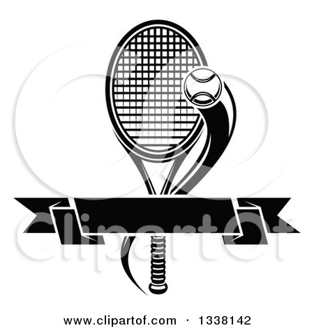 Clipart of a Black and White Flying Tennis Ball and Blank Banner over a Racket - Royalty Free Vector Illustration by Vector Tradition SM