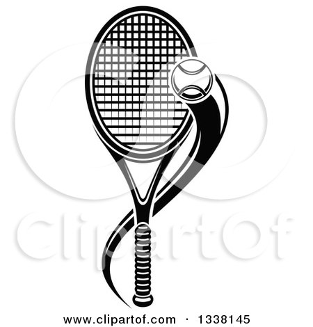 Clipart of a Black and White Flying Tennis Ball and a Racket - Royalty Free Vector Illustration by Vector Tradition SM