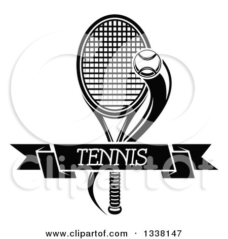 Clipart of a Black and White Flying Tennis Ball and Text Banner over a Racket - Royalty Free Vector Illustration by Vector Tradition SM