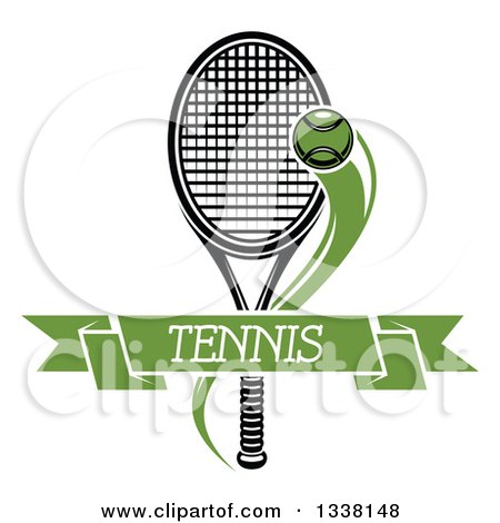 Clipart of a Flying Tennis Ball and Green Text Banner over a Black and White Racket - Royalty Free Vector Illustration by Vector Tradition SM