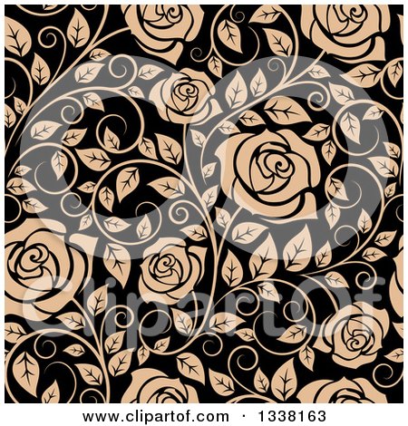 Clipart of a Seamless Pattern of Tan Roses on Black 4 - Royalty Free Vector Illustration by Vector Tradition SM