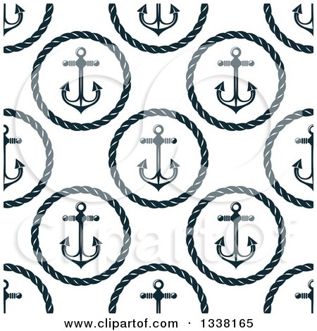 Clipart of a Seamless Background Pattern of Navy Blue Anchors in Round Rope Frames - Royalty Free Vector Illustration by Vector Tradition SM