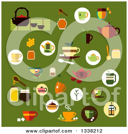 Clipart of Flat Tea Designs on Green - Royalty Free Vector Illustration by Vector Tradition SM