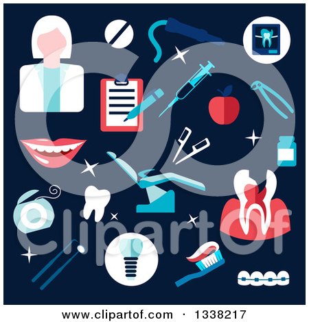 Clipart of a Flat Design Female Dentist and Equipment on Navy Blue - Royalty Free Vector Illustration by Vector Tradition SM
