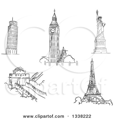 Clipart of Black and White Sketches of the Leaning Tower of Pisa, Big Ben, Statue of Liberty, Great Wall of China and Eiffel Tower - Royalty Free Vector Illustration by Vector Tradition SM