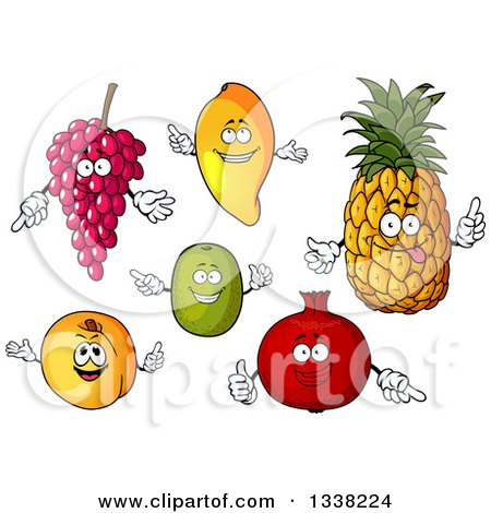 Clipart of Cartoon Grape, Mango, Pineapple, Kiwi, Apricot and Pomegranate Characters - Royalty Free Vector Illustration by Vector Tradition SM