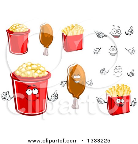 Clipart of Cartoon Faces, Hands, Popcork, Chicken Drumstick and French Fry Characters - Royalty Free Vector Illustration by Vector Tradition SM