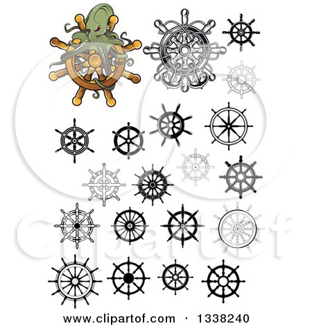 Clipart of Ship Steering Wheel Helms and an Octopus - Royalty Free Vector Illustration by Vector Tradition SM