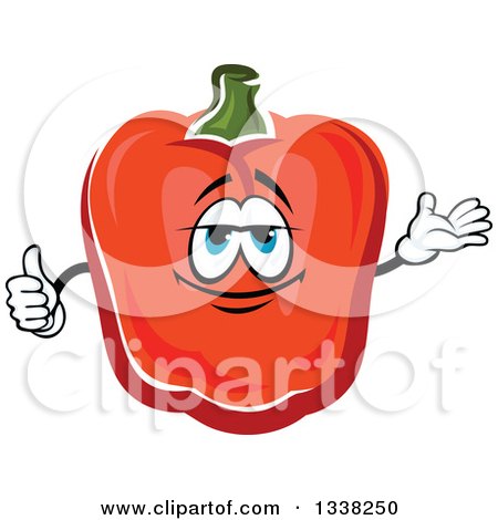 Clipart of a Cartoon Red Paprika Bell Pepper Character Presenting and Giving a Thumb up - Royalty Free Vector Illustration by Vector Tradition SM