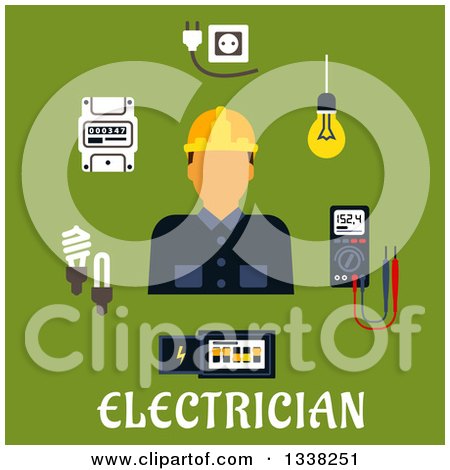 Clipart of a Flat Design Male Electrician with Icons over Text on Green - Royalty Free Vector Illustration by Vector Tradition SM