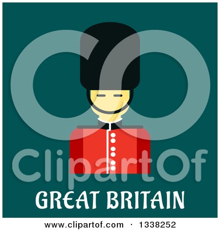 Clipart of a Flat Design Beefeater Guard over Great Britain Text on Teal - Royalty Free Vector Illustration by Vector Tradition SM
