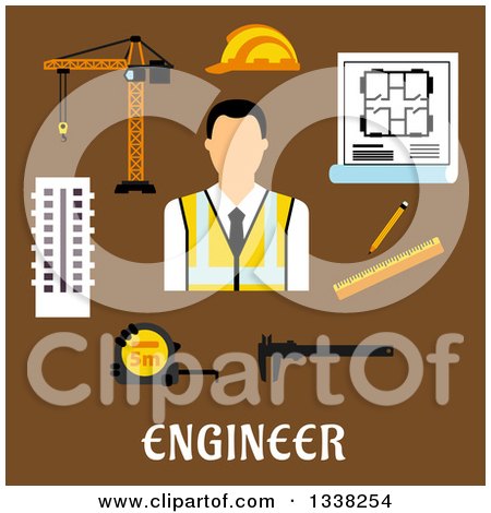 Clipart of a Flat Design Male Engineer with Items over Text on Brown - Royalty Free Vector Illustration by Vector Tradition SM