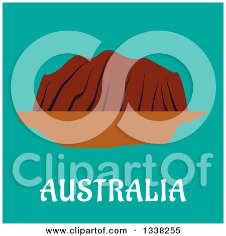 Clipart of a Flat Design of Australian Ayers Rock over Text on Turquoise - Royalty Free Vector Illustration by Vector Tradition SM