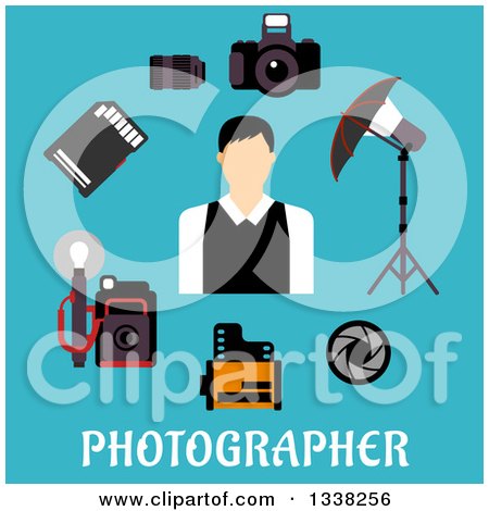 Clipart of a Flat Design Male Photographer with Accessories over Text on Blue - Royalty Free Vector Illustration by Vector Tradition SM