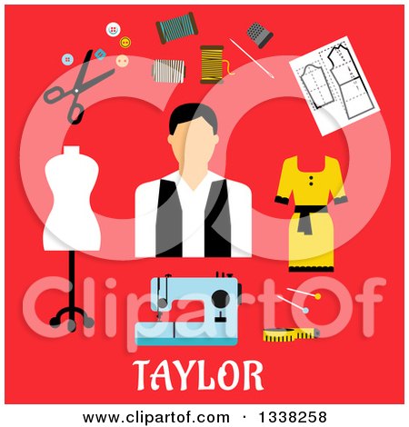 Clipart of a Flat Design Taylor with Accessories on Red - Royalty Free Vector Illustration by Vector Tradition SM