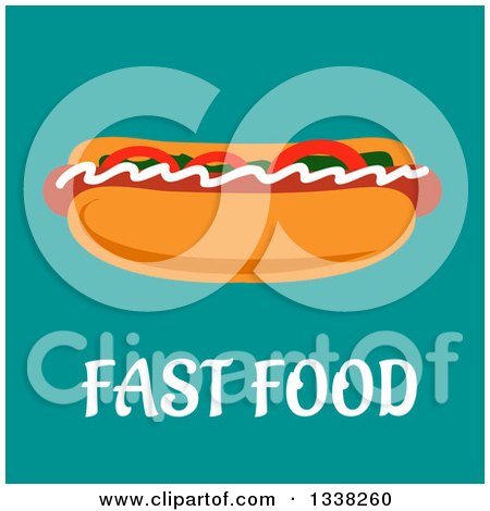 Clipart of a Flat Design Hot Dog Garnished with Toppings over Text and Turquoise - Royalty Free Vector Illustration by Vector Tradition SM
