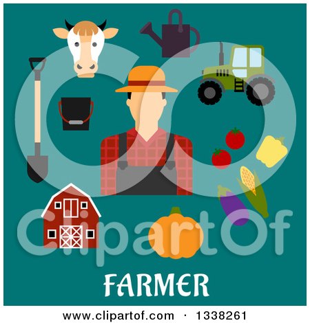 Clipart of a Flat Design Male Farmer with Icons over Text on Turquoise - Royalty Free Vector Illustration by Vector Tradition SM