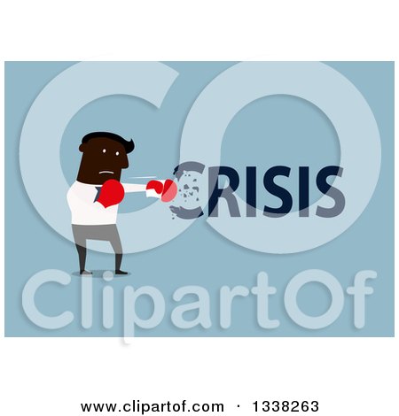 Clipart of a Flat Design Black Businessman Punching out a Crisis, over Blue - Royalty Free Vector Illustration by Vector Tradition SM