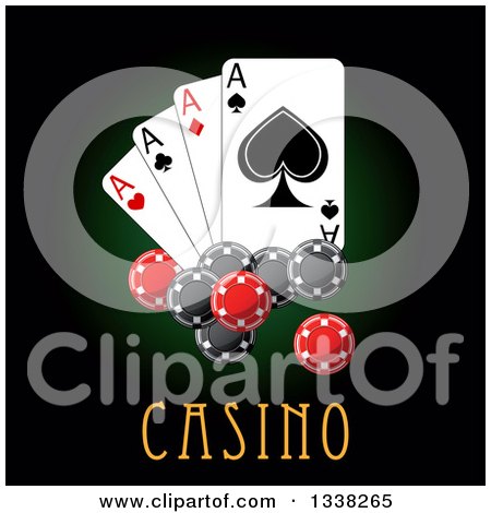 Clipart of Shiny Poker Chips and Playing Cards over Casino Text on Dark Green - Royalty Free Vector Illustration by Vector Tradition SM