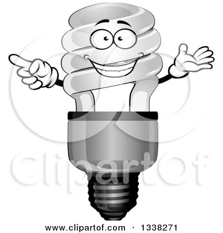 Clipart of a Grayscale Spiral Light Bulb Character - Royalty Free Vector Illustration by Vector Tradition SM