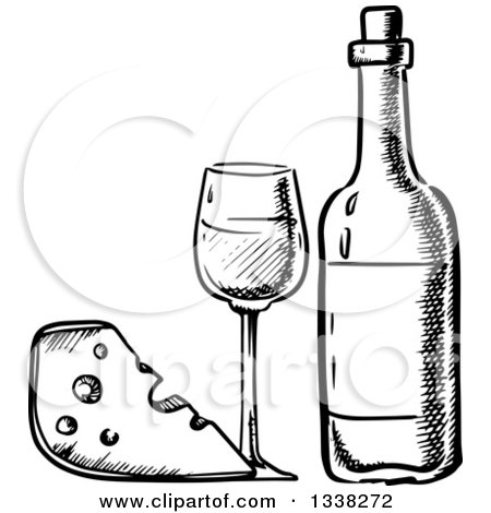 Clipart of a Black and White Sketched Cheese Wedge and Wine - Royalty Free Vector Illustration by Vector Tradition SM