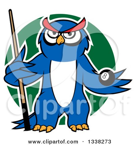 Clipart of a Cartoon White Outlined Blue Owl Holding an Eightball and Cue Stick over a Green Circle - Royalty Free Vector Illustration by Vector Tradition SM