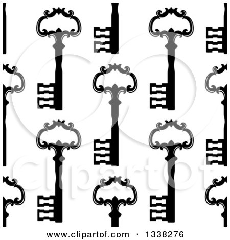 Clipart of a Seamless Background Pattern of Ornate Black Vintage Skeleton Keys on White 6 - Royalty Free Vector Illustration by Vector Tradition SM