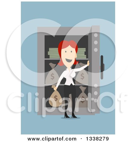 Clipart of a Flat Design Red Haired White Businesswoman with an Open Safe Full of Money Bags and Cash, on Blue - Royalty Free Vector Illustration by Vector Tradition SM