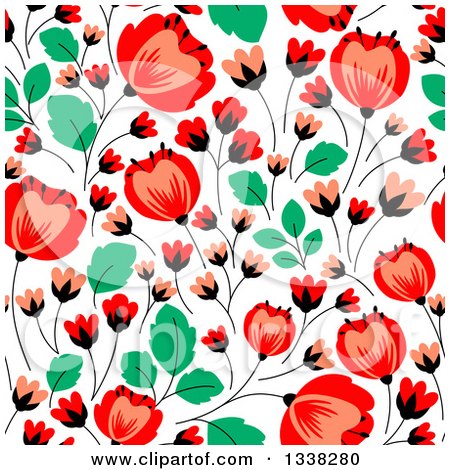 Clipart of a Seamless Red Poppy Flowers and Green Leaves Floral Background Pattern - Royalty Free Vector Illustration by Vector Tradition SM