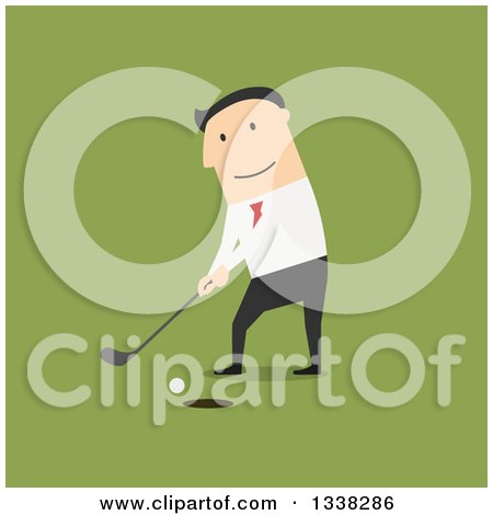Clipart of a Flat Design White Businessman Golfing over Green - Royalty Free Vector Illustration by Vector Tradition SM