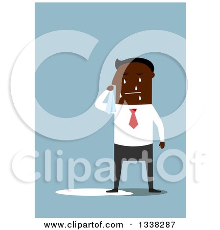 Clipart of a Flat Design Black Businessman Crying over Blue - Royalty Free Vector Illustration by Vector Tradition SM