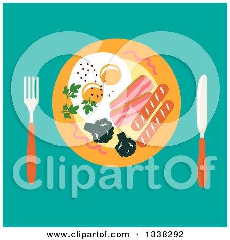 Clipart of a Flat Design Breakfast Plate over Turquoise - Royalty Free Vector Illustration by Vector Tradition SM