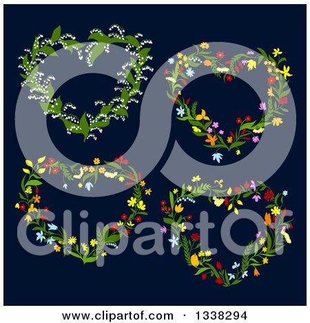 Clipart of Floral Heart Shaped Wreaths on Dark Blue - Royalty Free Vector Illustration by Vector Tradition SM