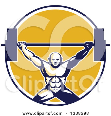 Clipart of a Retro Strongman Bodybuilder Lifting a Barbell over His Head in a Blue White and Yellow Circle - Royalty Free Vector Illustration by patrimonio