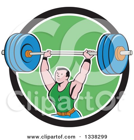 Clipart of a Retro Cartoon Strongman Bodybuilder Lifting a Barbell over His Head, Emerging from a Black White and Green Circle - Royalty Free Vector Illustration by patrimonio
