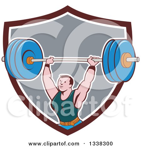 Clipart of a Retro Cartoon Strongman Bodybuilder Lifting a Barbell over His Head, Emerging from a Brown White and Gray Shield - Royalty Free Vector Illustration by patrimonio
