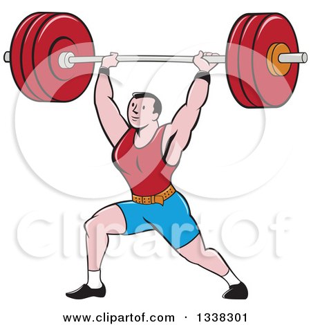 Clipart of a Retro Cartoon Strongman Bodybuilder Doing Lunges with a Barbell over His Head - Royalty Free Vector Illustration by patrimonio