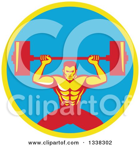Clipart of a Retro Strongman Bodybuilder Lifting a Barbell over His Head in a Yellow and Blue Circle - Royalty Free Vector Illustration by patrimonio