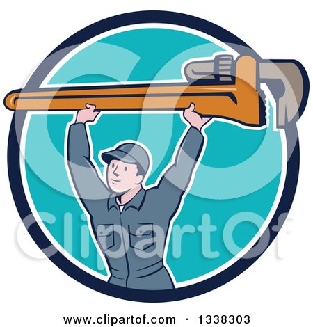 Clipart of a Retro Cartoon White Male Plumber Holding a Giant Monkey Wrench over His Head, Emerging from a Blue and White Circle - Royalty Free Vector Illustration by patrimonio