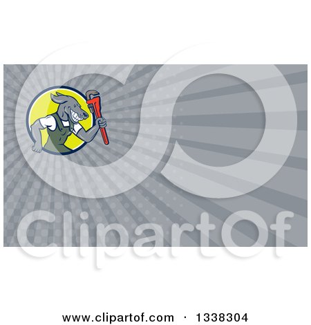 Clipart of a Cartoon Plumber Dog with a Monkey Wrench and Gray Rays Background or Business Card Design - Royalty Free Illustration by patrimonio