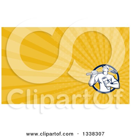 Clipart of a Retro Male Drain Layer Worker in a Shield and Yellow Rays Background or Business Card Design - Royalty Free Illustration by patrimonio