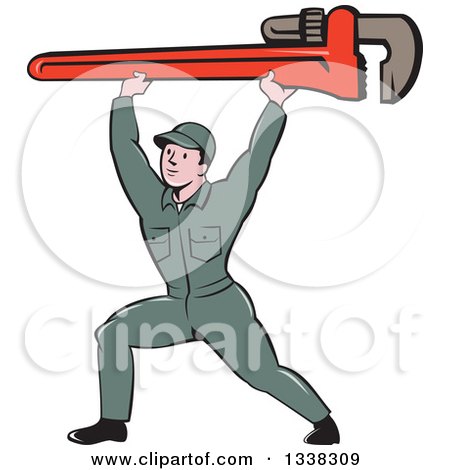 Clipart of a Retro Cartoon White Male Plumber Lunging and Holding a Giant Monkey Wrench over His Head - Royalty Free Vector Illustration by patrimonio