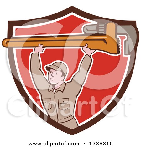 Clipart of a Retro Cartoon White Male Plumber Holding a Giant Monkey Wrench over His Head, Emerging from a Brown White and Red Shield - Royalty Free Vector Illustration by patrimonio