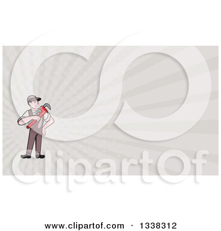 Clipart of a Retro Cartoon White Male Plumber Holding a Monkey Wrench and Gray Rays Background or Business Card Design - Royalty Free Illustration by patrimonio