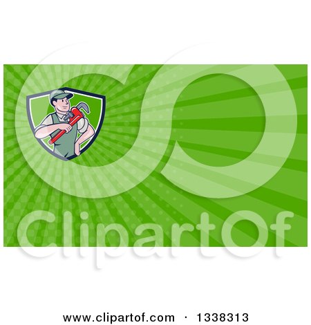 Clipart of a Retro Cartoon White Male Plumber Holding a Giant Monkey Wrench in a Shield and Green Rays Background or Business Card Design - Royalty Free Illustration by patrimonio