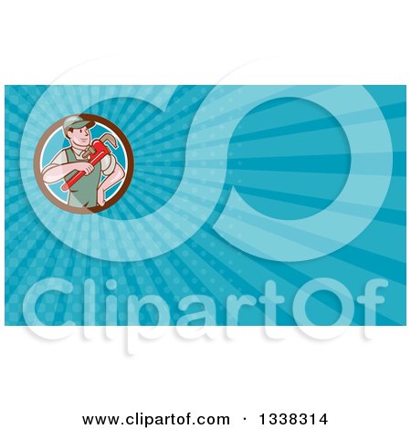 Clipart of a Retro Cartoon White Male Plumber Holding a Giant Monkey Wrench in a Shield and Blue Rays Background or Business Card Design - Royalty Free Illustration by patrimonio