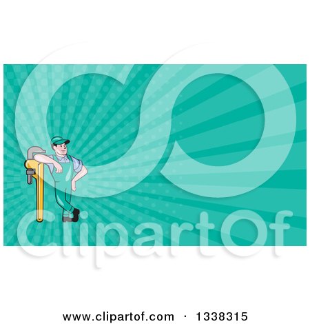 Clipart of a Cartoon White Male Plumber Leaning on a Giant Monkey Wrench and Turquoise Rays Background or Business Card Design - Royalty Free Illustration by patrimonio