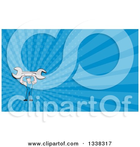 Clipart of a Cartoon White Male Mechanic Holding up a Giant Wrench and Blue Rays Background or Business Card Design - Royalty Free Illustration by patrimonio