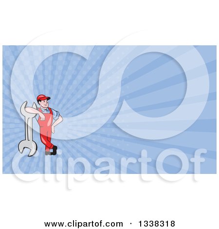 Clipart of a Cartoon White Male Mechanic Leaning on a Giant Wrench and Blue Rays Background or Business Card Design - Royalty Free Illustration by patrimonio